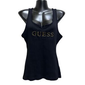 VTG Guess Y2k Blinged Out Logo Black Tank Top L Ribbed Stretch Streetwear Rave